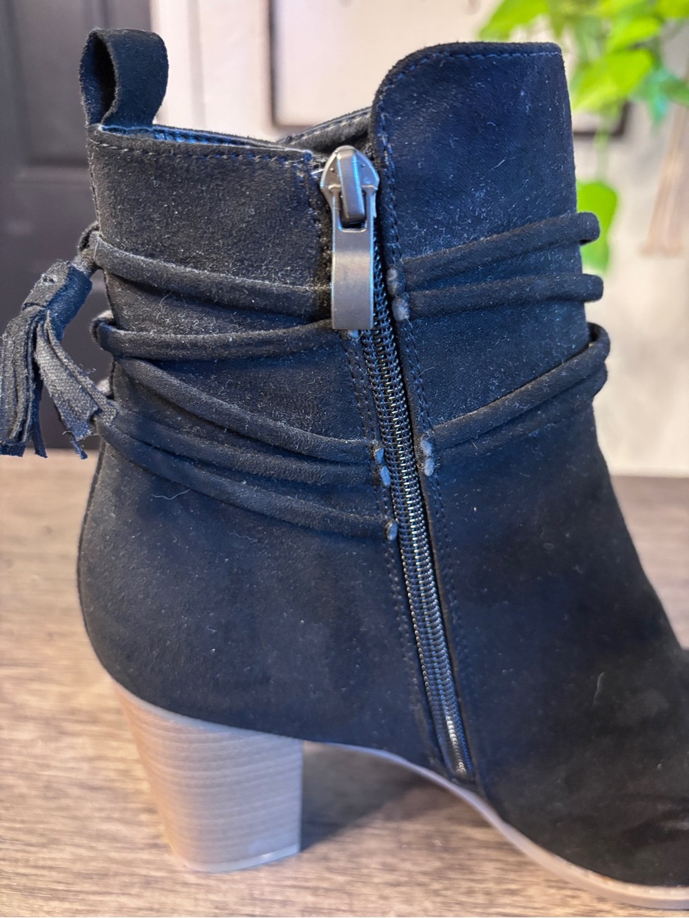 Maurices Black Suede Pointed Toe Ankle Booties with Tassel Wrap - Picture 5 of 11